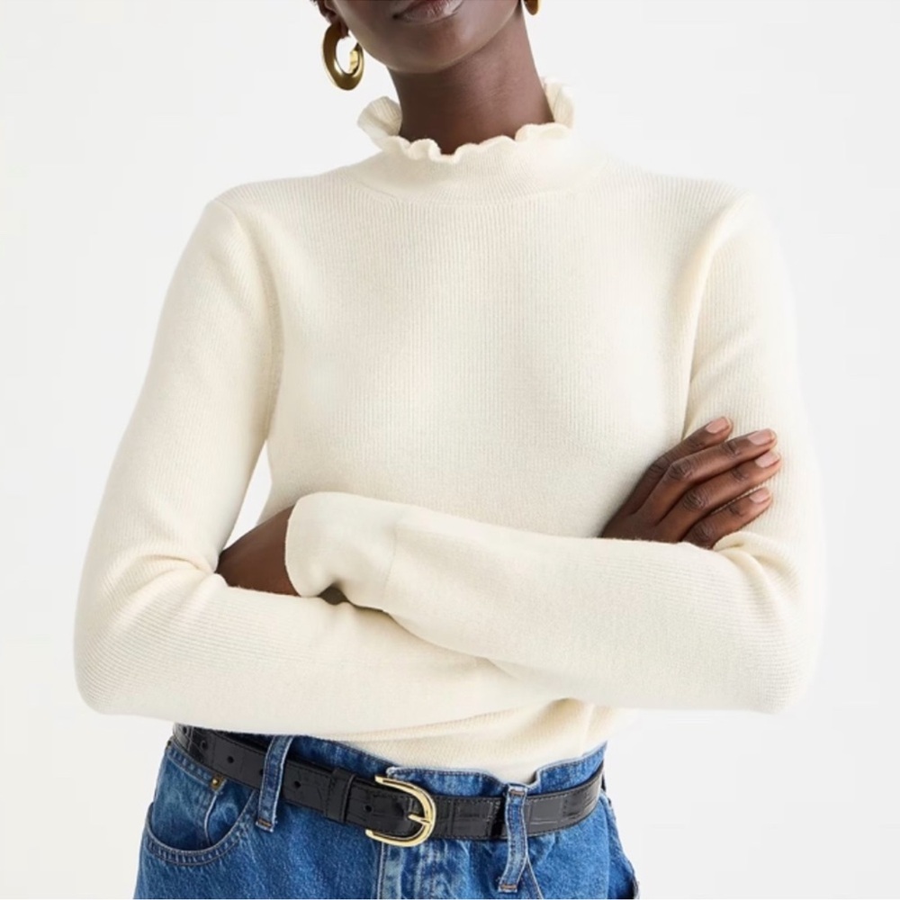 J. Crew Ruffleneck 83% Merino Wool Cream Sweater women large minimalist classic